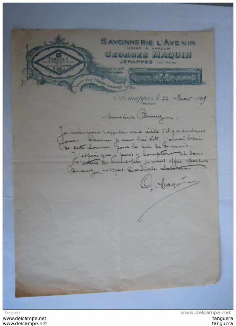 Jemappes 1909 Georges Maquin Savonnerie L'Avenir Usine à Vapeur Eureka Savon Belge Lettre - Droguerie & Parfumerie