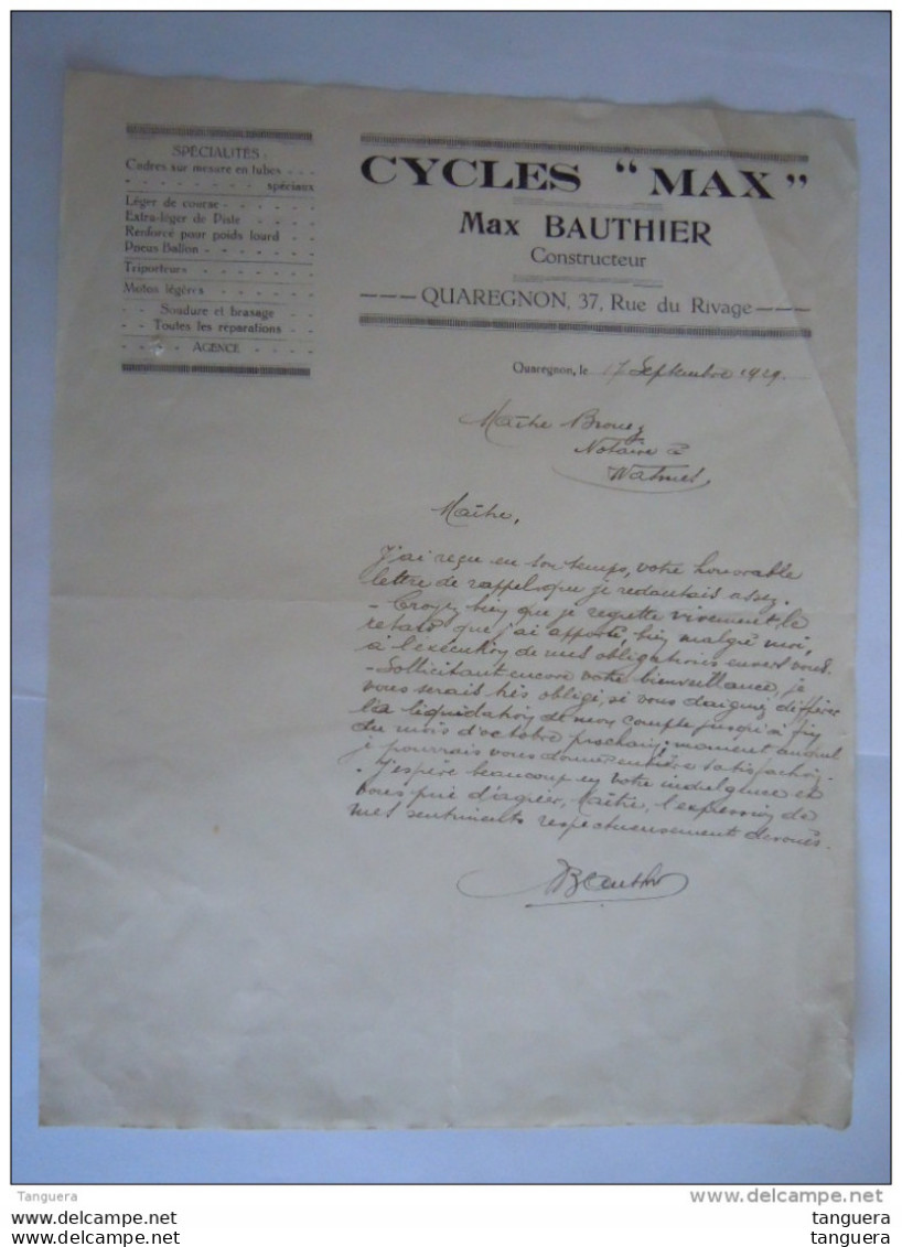 Quaregnon 1929 Cycles "Max" Max Bauthier Constructeur Vélo Spécialités Cadres Sur Mesure En Tubes Lettre - Transport