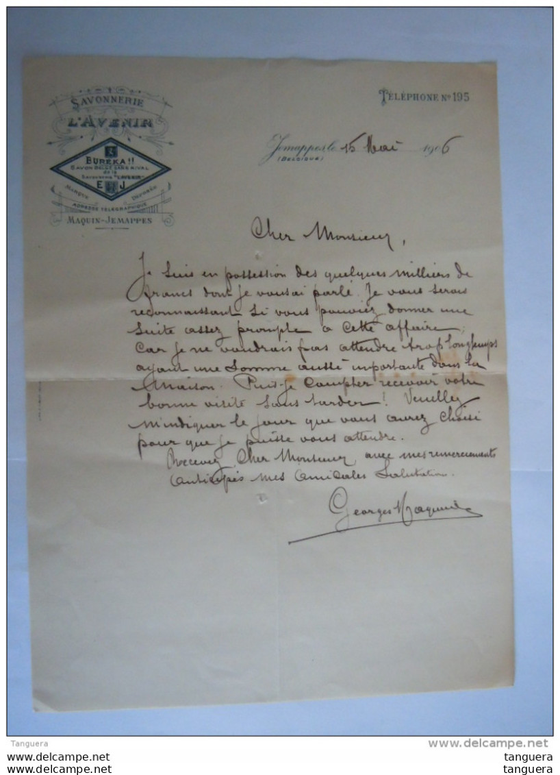Jemappes 1906 Savonnerie L'Avenir Eureka Savon Belge Lettre - Profumeria & Drogheria