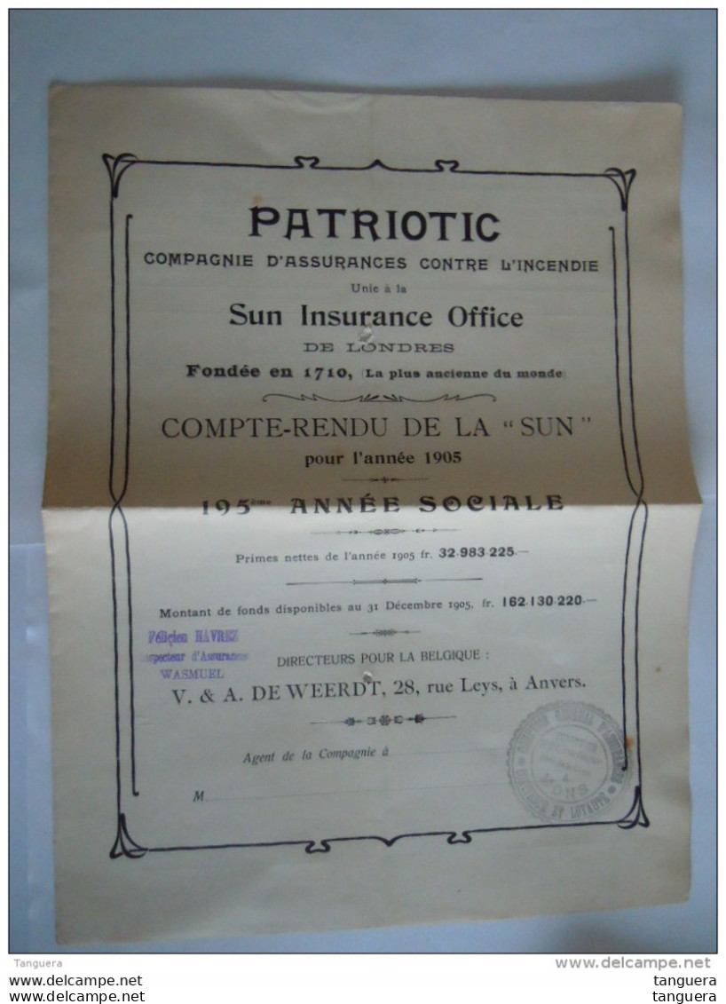Patriotic Compagnie D'assurances Contre L'incendie Sun Insurance Office Compte-rendu De La "SUN" Pour L'année 1905 - Bank En Verzekering