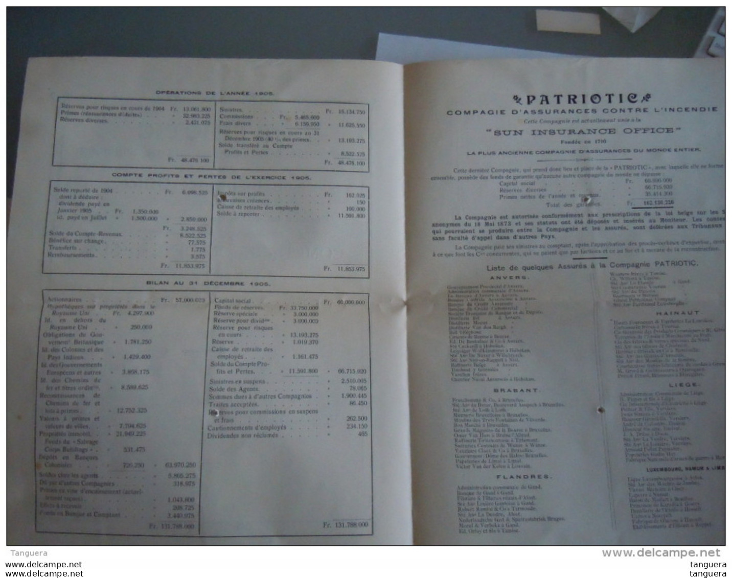 Patriotic Compagnie D'assurances Contre L'incendie Sun Insurance Office Compte-rendu De La "SUN" Pour L'année 1905 - Bank En Verzekering