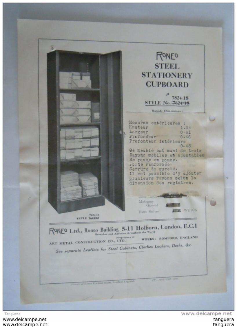 1925 RONEO Steel Pigeon Hoe Cupboard Steel Stationary Cupboard Printed England 2 Feuilles - Pubblicitari