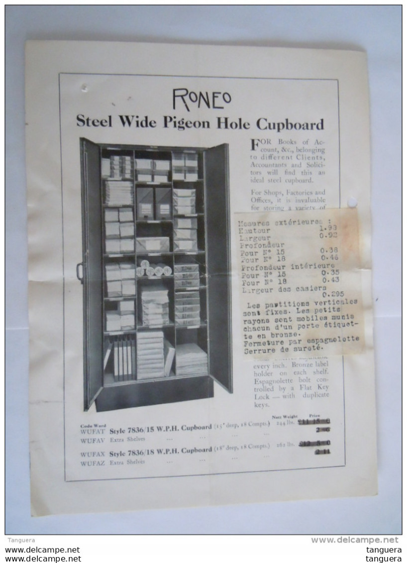 1925 RONEO Steel Pigeon Hoe Cupboard Steel Stationary Cupboard Printed England 2 Feuilles - Pubblicitari