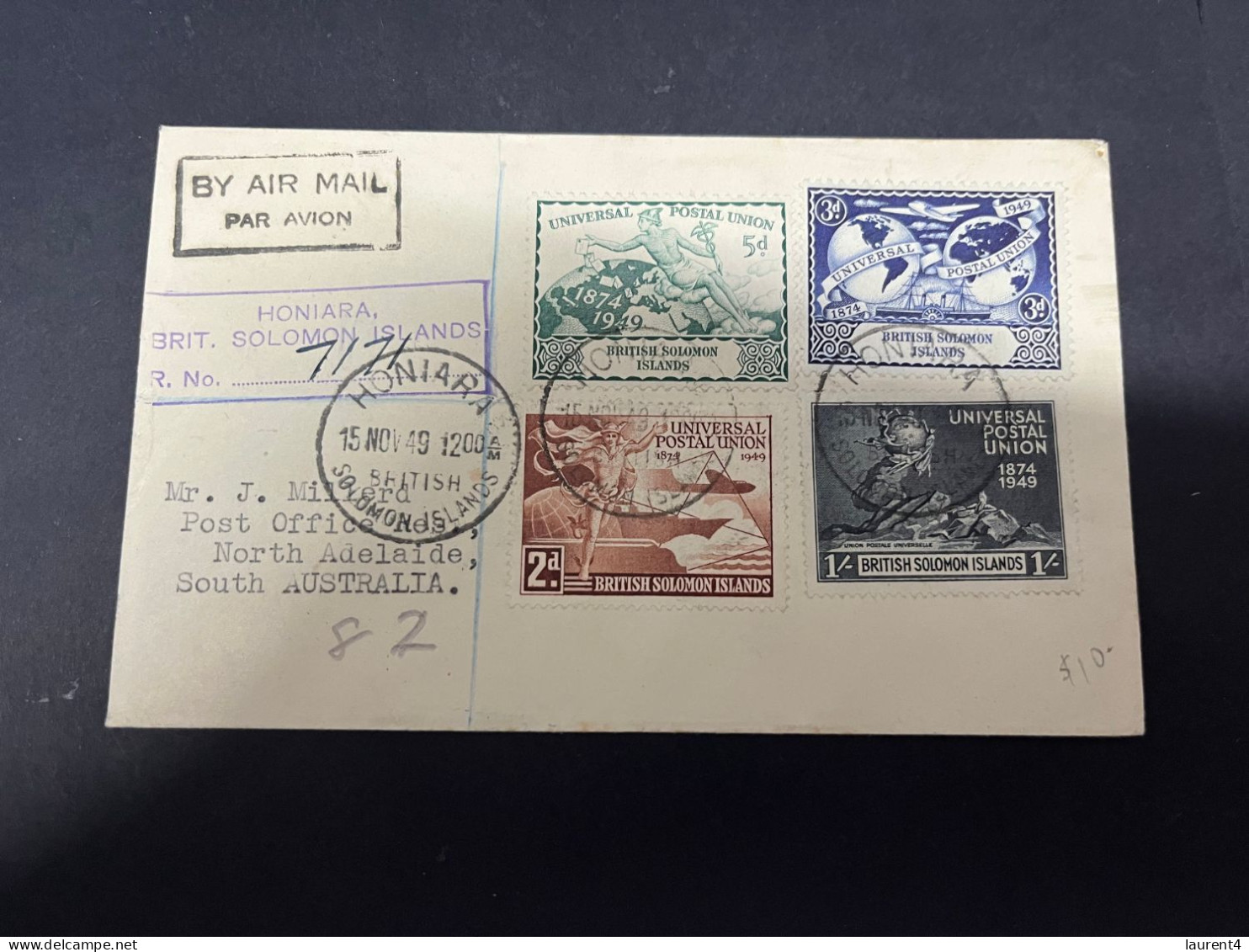 12-3-2024 (2 Y 49) British Solomon Island Registered FDC Letter Posted To Adelaide In SA- Australia - 1949 UPU - Isole Salomone (...-1978)