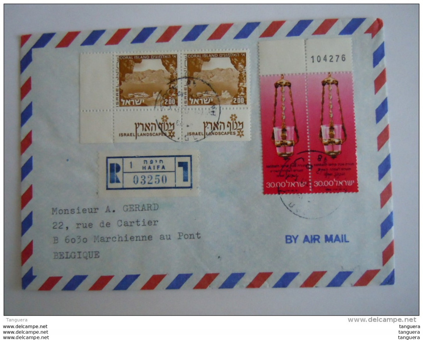 Israel Cover 1980 -&gt; Belgique Marchienne Registered Coral Island Lampes De Sabbat Yv 470 766 - Storia Postale