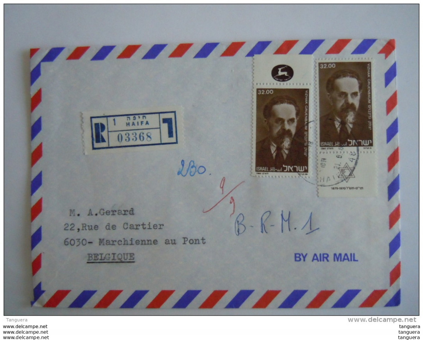 Israel Cover Lettre 1980 -&gt; Belgique Marchienne Registered Hommage à Yizhak Gruenbaum Homme Politique Yv 767 - Lettres & Documents