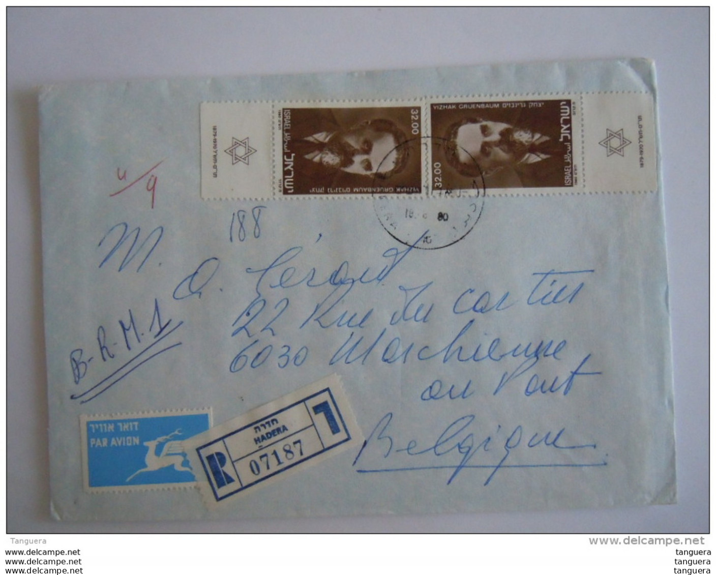 Israel Cover Lettre 1980 -&gt; Belgique Marchienne Registered Hommage à Yizhak Gruenbaum Homme Politique Yv 767 - Storia Postale