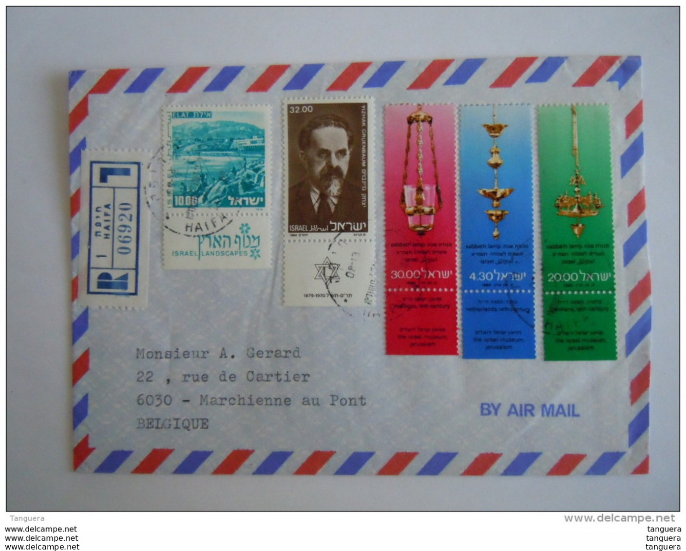 Israel Cover 1980 -&gt; Belgique Marchienne Registered Eilat Yizhak Gruenbaum Lampes De Sabbat Yv 617 767 764-766 - Storia Postale