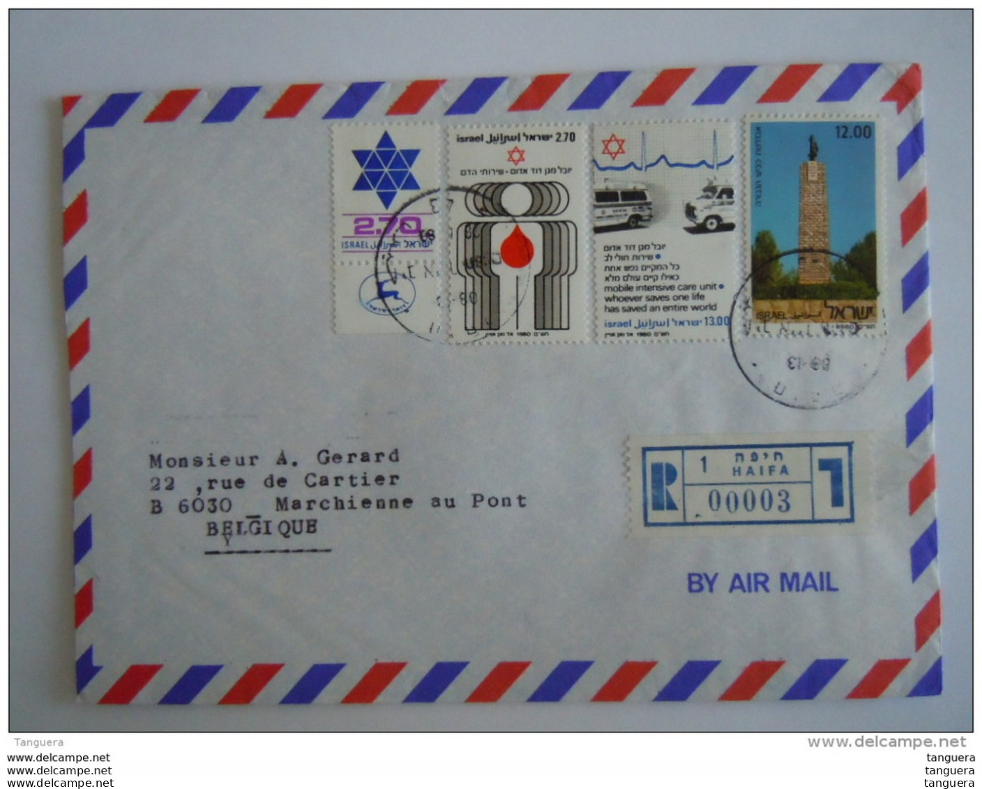 Israel Cover Lettre 1980 -&gt; Belgique Marchienne Registered Croix Rouge Bouclier De David Ambulance Monument Yv 762 76 - Covers & Documents