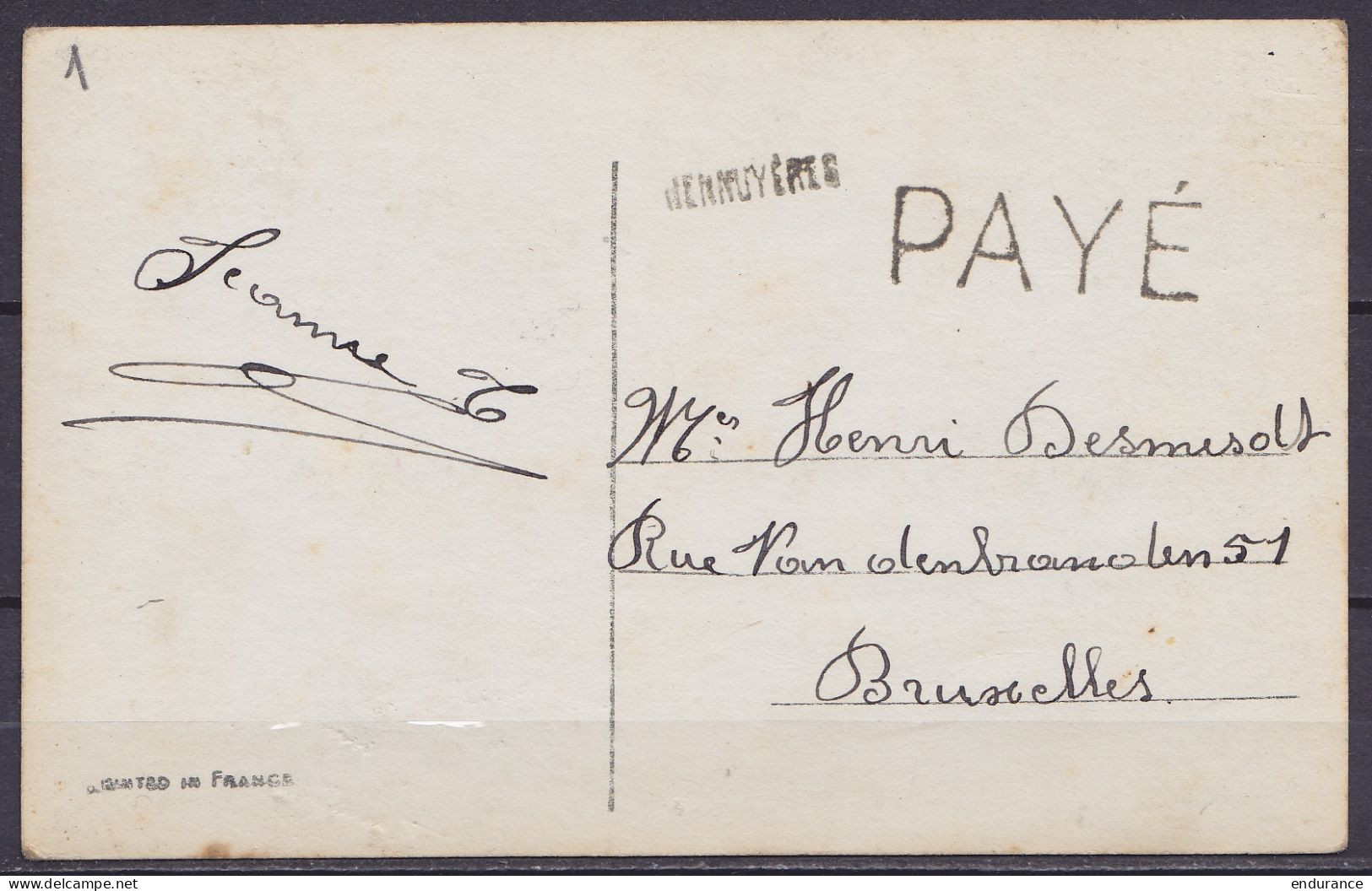 CP Fantaisie - Port "PAYE" & Griffe Fortune "HENNUYERES" Pour BRUXELLES - Noodstempels (1919)