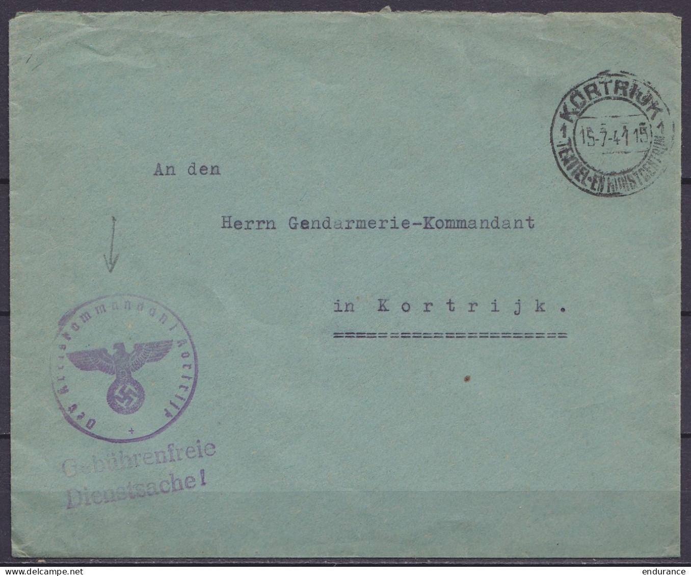 L. En Franchise Càd "KORTRIJK 1/15-7-1941/ TEXTIEL- EN KUNSTCENTRUM" Pour Commandant De Gendarmerie E/V - Cachets "Der K - Guerra '40-'45 (Storia Postale)
