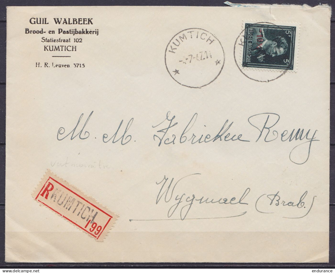 L. Boulanger "Brood- En Pastijbakkerij Guil Walbeek" Recommandée Affr. N°724T (vert Noirâtre), Càd Relais *KUMTICH* /-4- - 1946 -10%