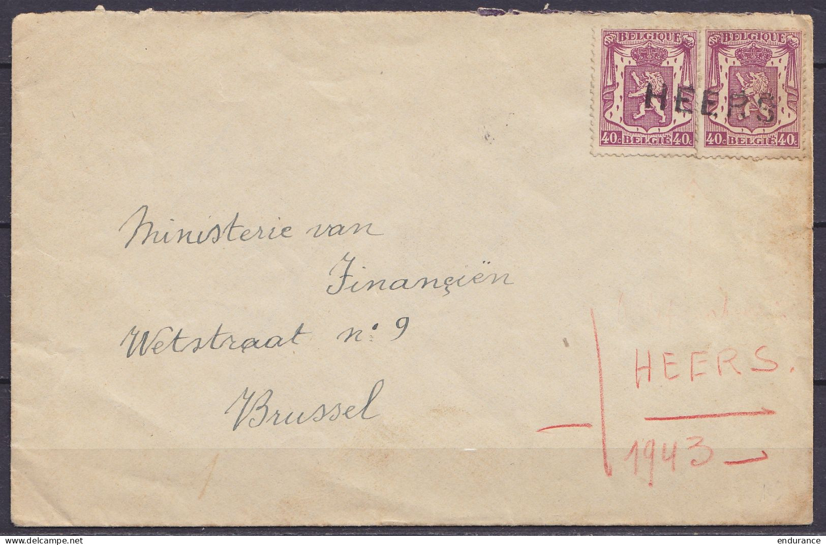 L. Affr.N°479x2 Oblit. Fortune Griffe "HEERS" 1943 Pour BRUSSEL - 1935-1949 Petit Sceau De L'Etat