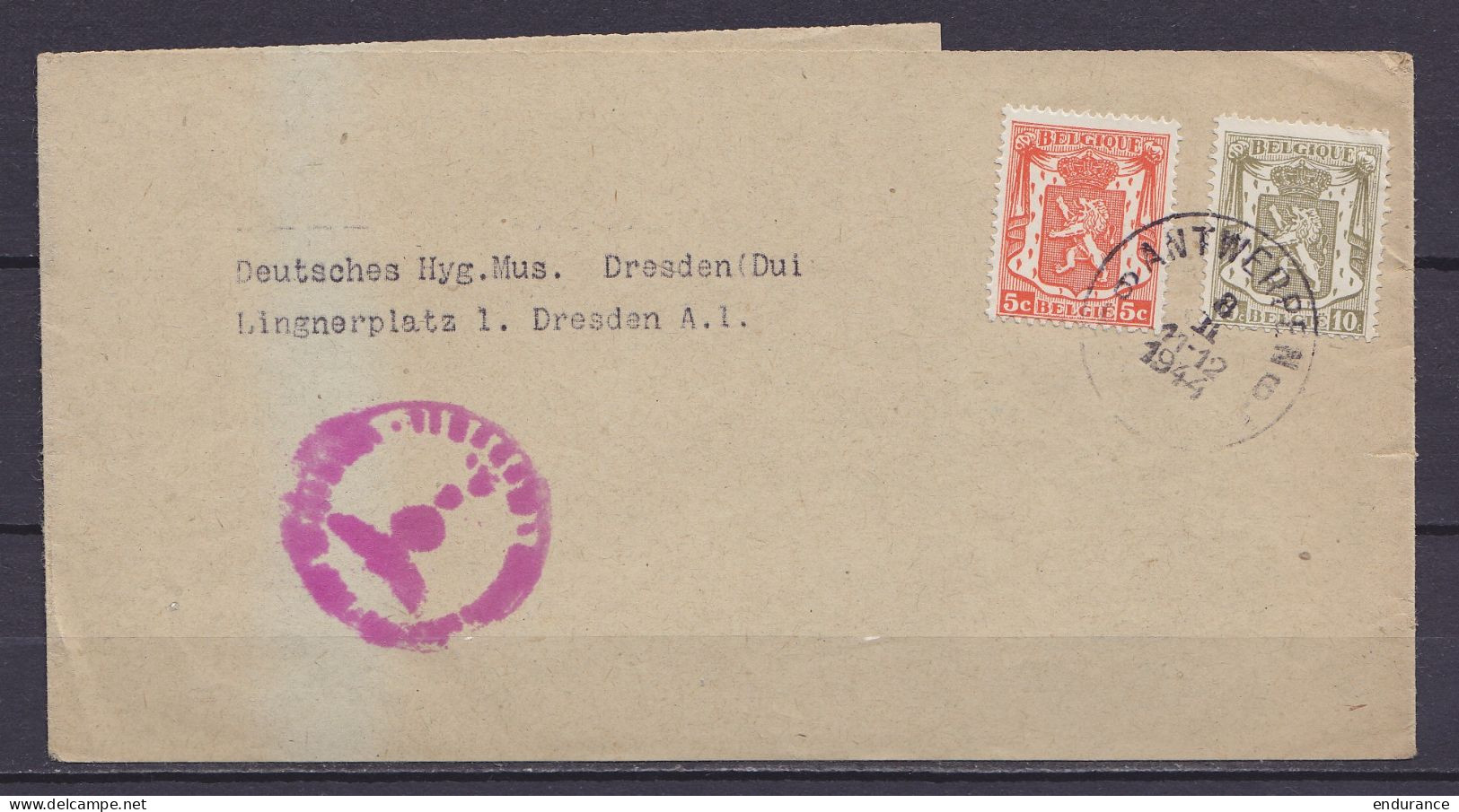 Bande Affr. N°419+420 Càd ANTWERPEN 6 /8 II 1944 Pour DRESDEN - Cachet Censure Militaire - 1935-1949 Petit Sceau De L'Etat