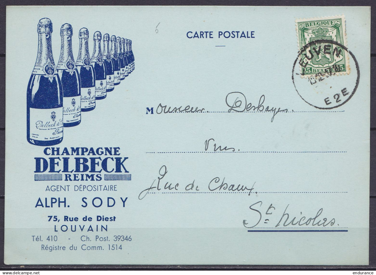 CP "Champagne Delbeck Reims & Louvain" Affr. N°425 Càd LEUVEN 2E /15.12.1937 Pour Négociant En Vins à ST-NICOLAS - 1935-1949 Petit Sceau De L'Etat