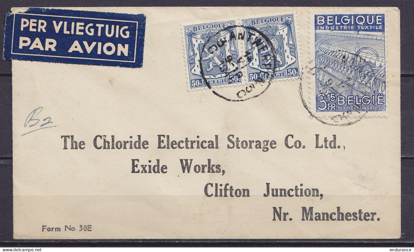 L. Par Avion Affr. N°426x2+765 Càd ANTWERPEN 3c /14 VI 1948 Pour The Chloride Electrical Storage Co. Ltd. à MANCHESTER - 1935-1949 Small Seal Of The State