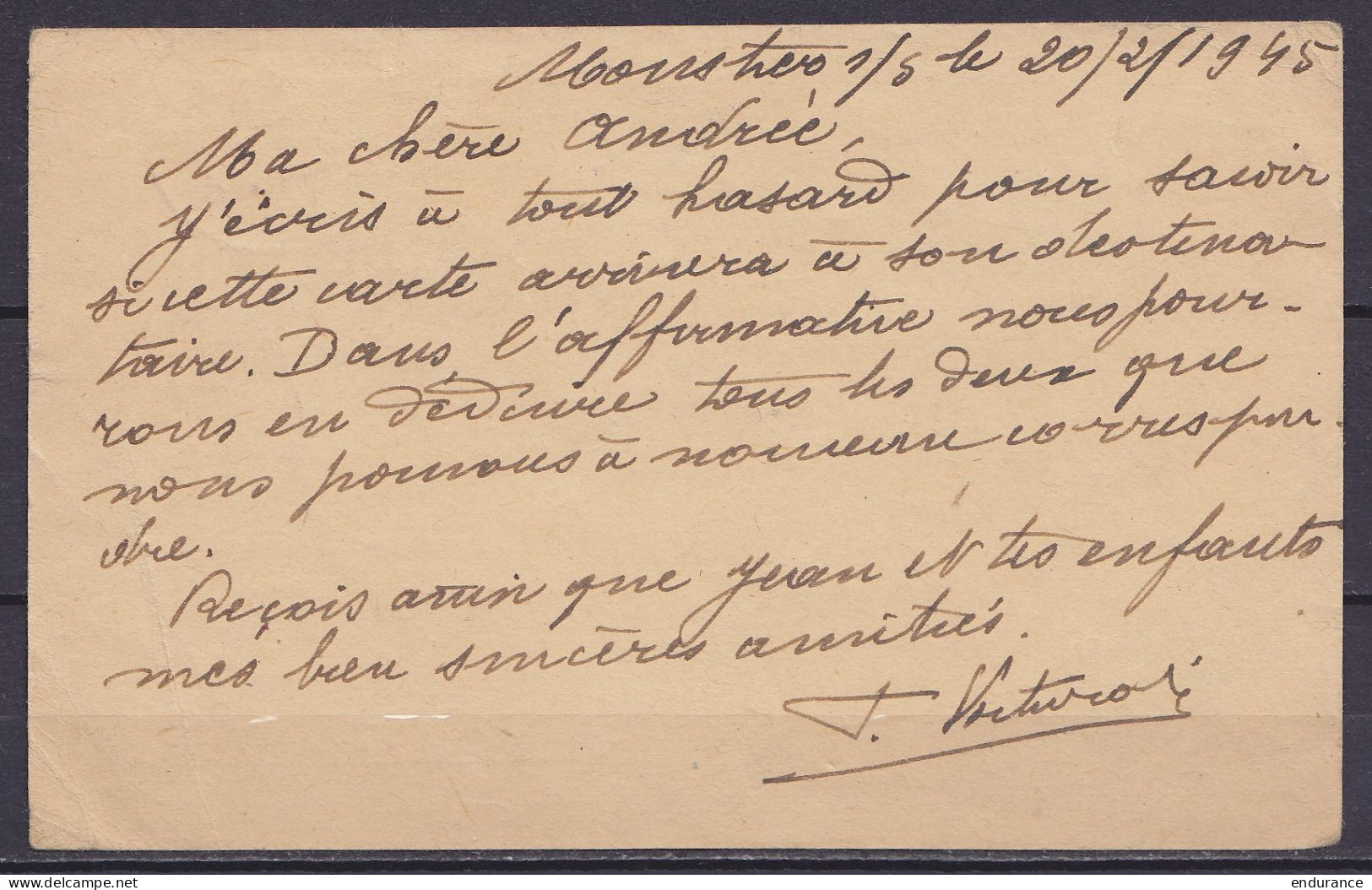 EP CP 50c Bleu (N°426) + N°426 Càd MOUSTIER-SUR-SAMBRE /21 II 1945 Pour ATHENES Grèce - Cachets Censures Belges Et Grecq - 1935-1949 Petit Sceau De L'Etat