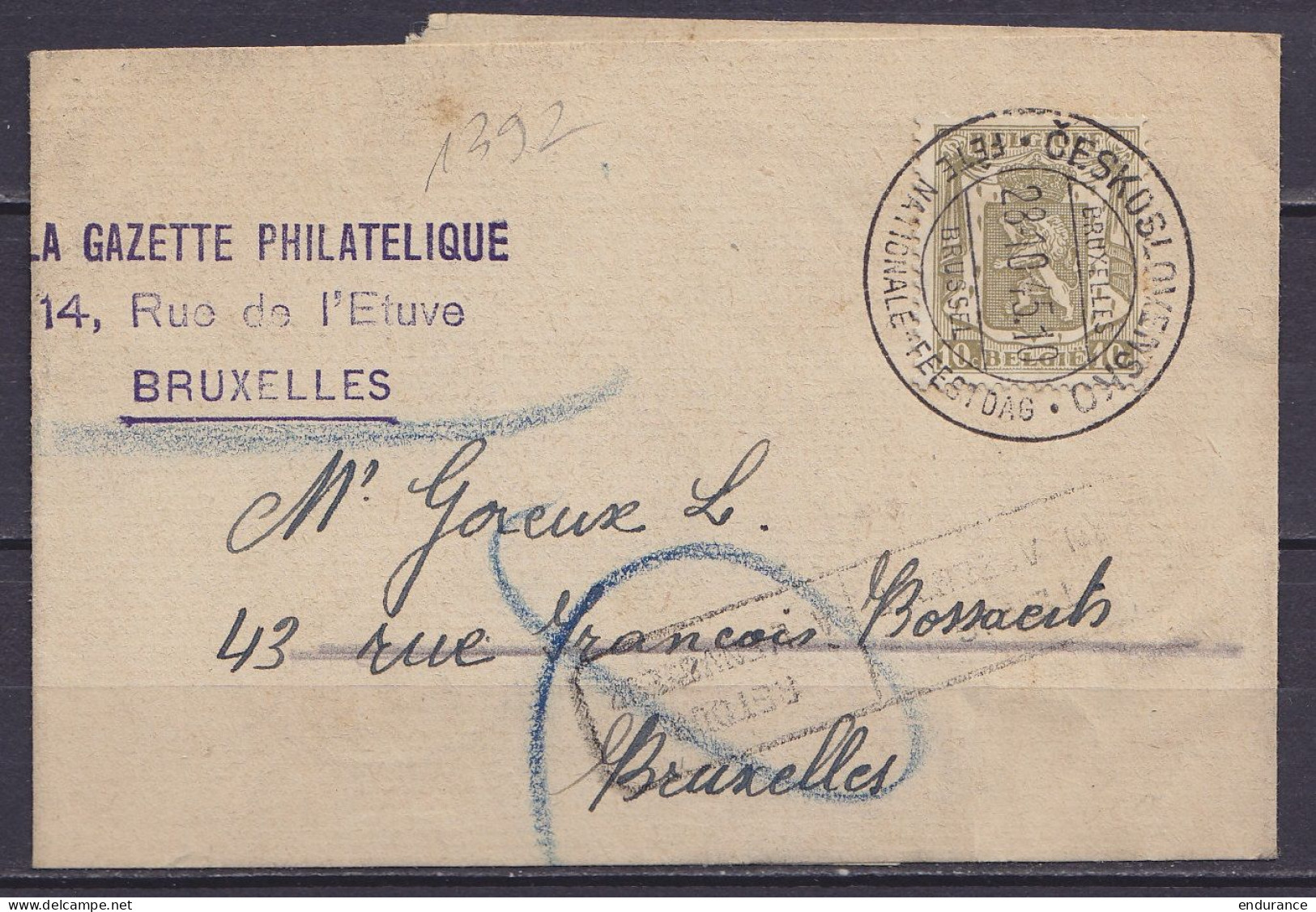 Bande "La Gazette Philatélique" Affr. N°420 Oblit. Commémorative "BRUXELLES /28.10.1945/ CESKOSLOVENSKO / Fête Nationale - 1935-1949 Petit Sceau De L'Etat