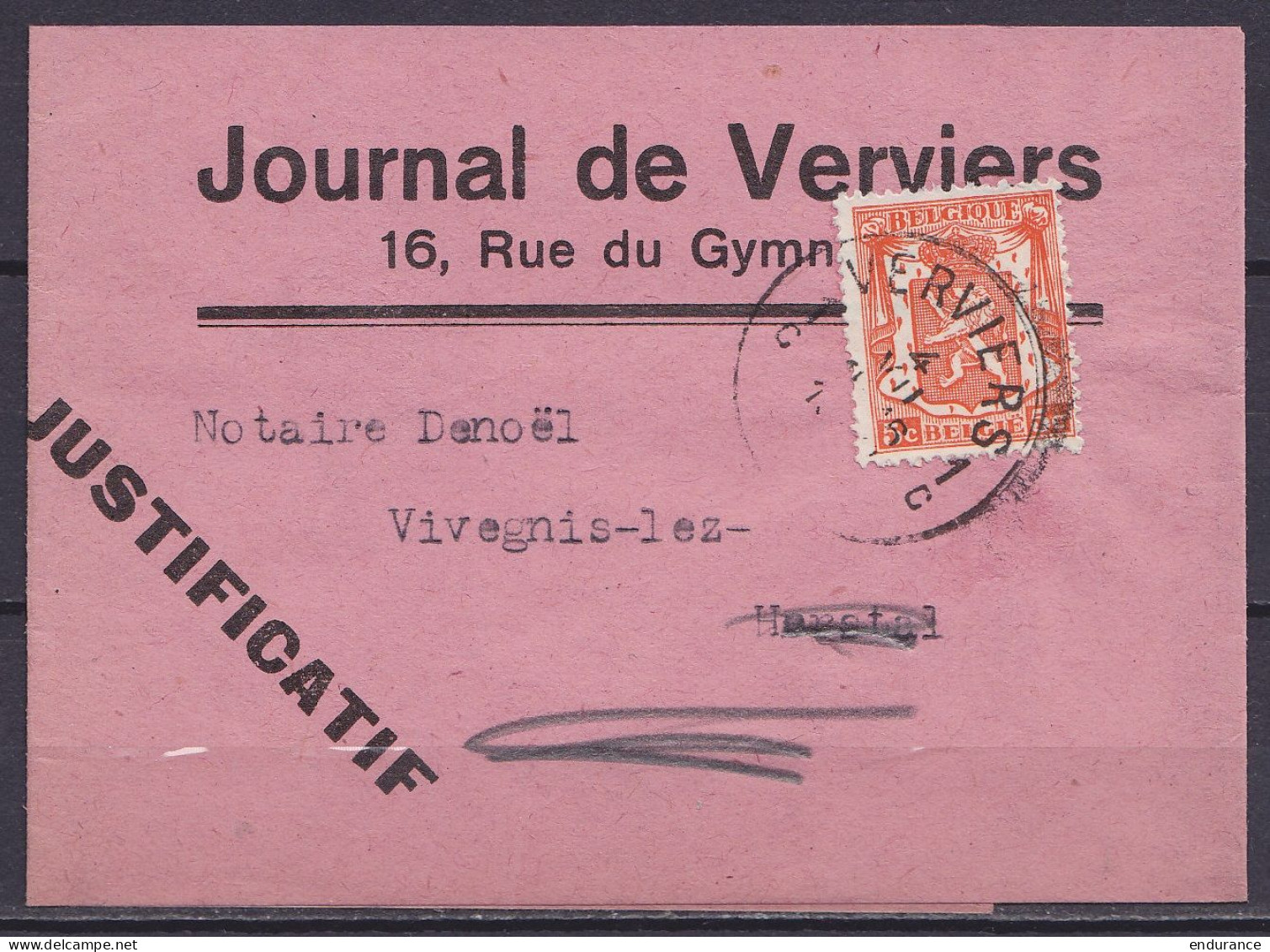 Bande "Journal De Verviers" Affr. N°149 Càd VERVIERS 1C/4 VII 193? Pour VIVEGNIS-lez-HERSTAL - 1935-1949 Piccolo Sigillo Dello Stato