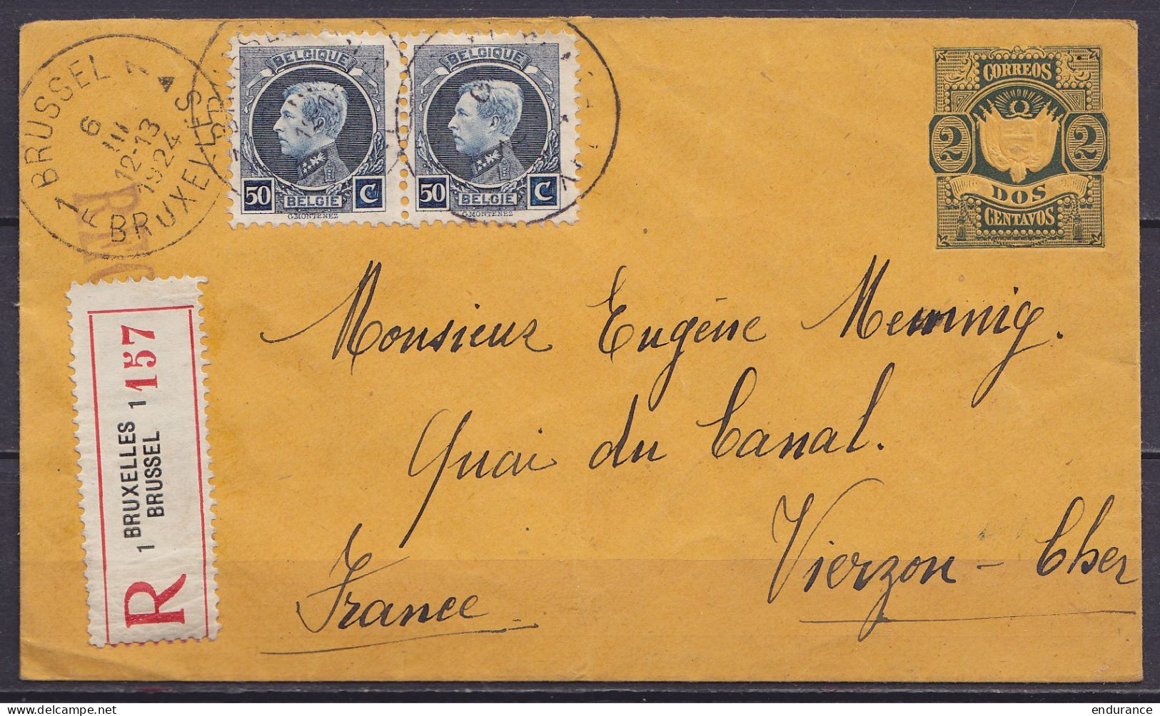 EP Lettre Espganole Utilisée Comme Support - Recommandé Affr. N°211x2 Càd BRUSSEL 1F /6 III 1924/ BRUXELLES Pour VIERZON - 1921-1925 Kleine Montenez