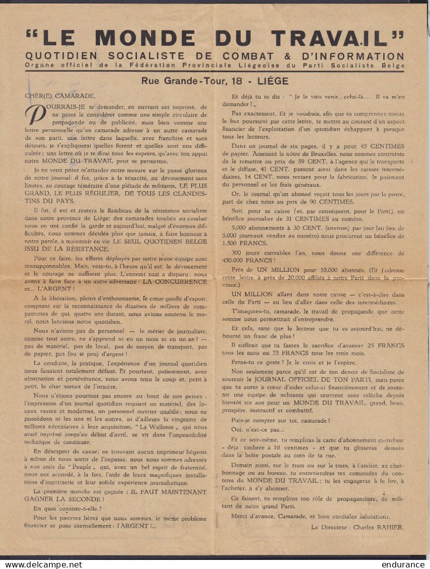 Imprimé "Le Monde Du Travail - Quotidien Socialiste) Affr. N°420 Càd BEYNE-HEUSAY /12-6-1947 Pour E/V - 1935-1949 Klein Staatswapen