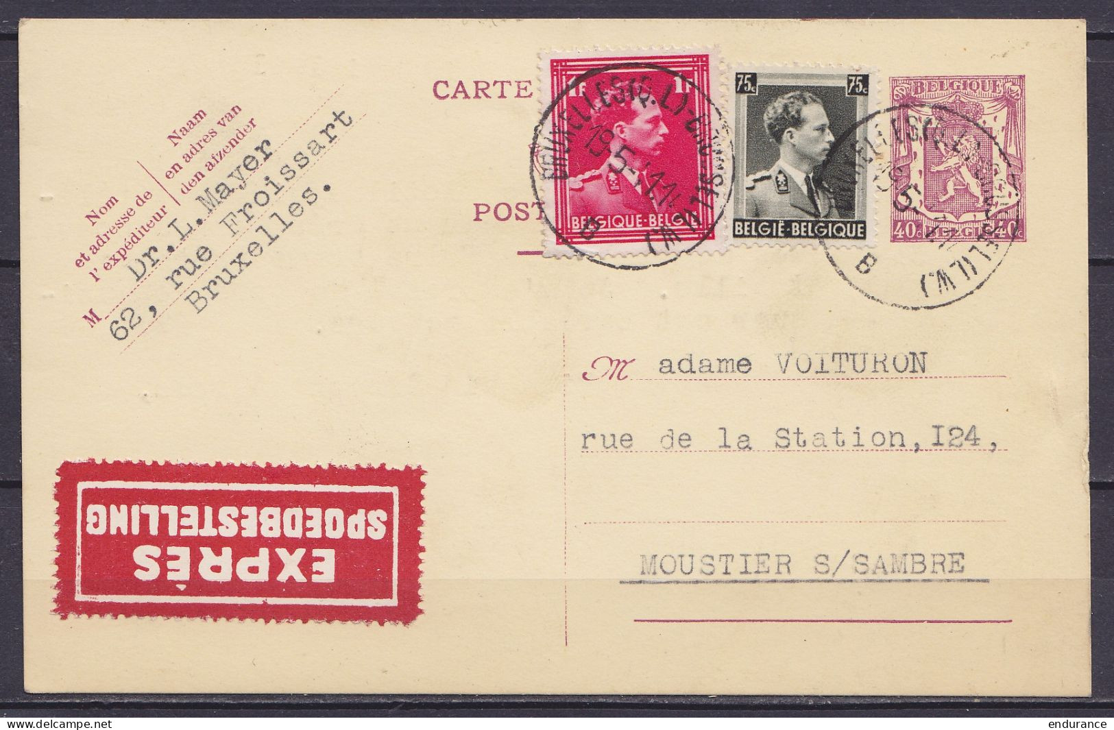 EP CP 40c Lilas (N°479) + N°480+428 En EXPRES Càd "BRUXELLES (Q.L.) - BRUSSEL (L.W.) /19.5.1941" Pour MOUSTIER S/ SAMBRE - Postkarten 1934-1951