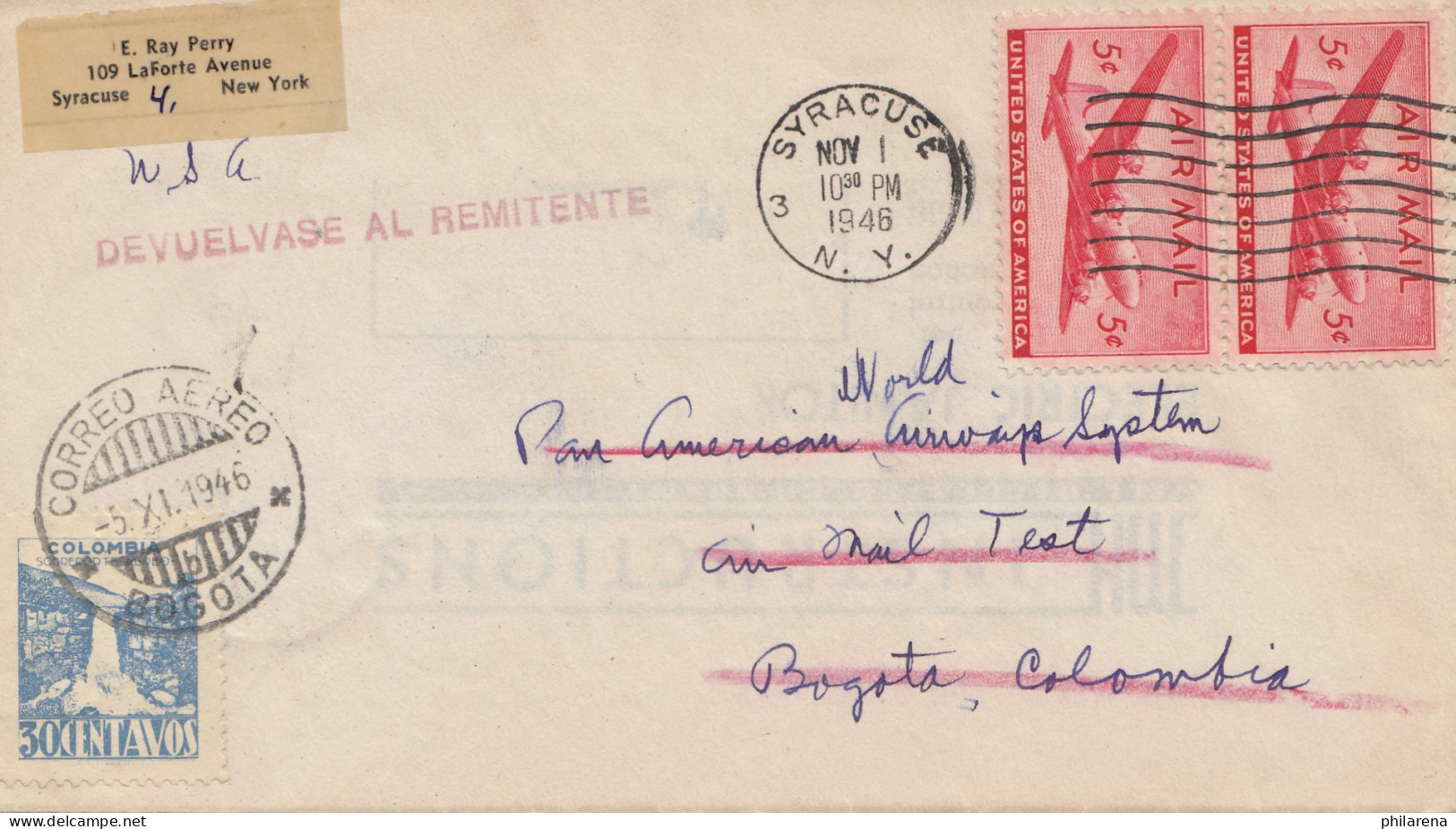 Colombia 1946: Letter Bogota To Syracuse, Back To Sender - Colombia