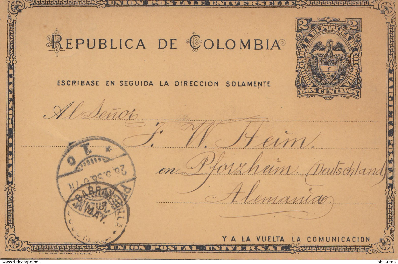 Colombia 1898: Post Card Abril To Pforzheim - Colombia