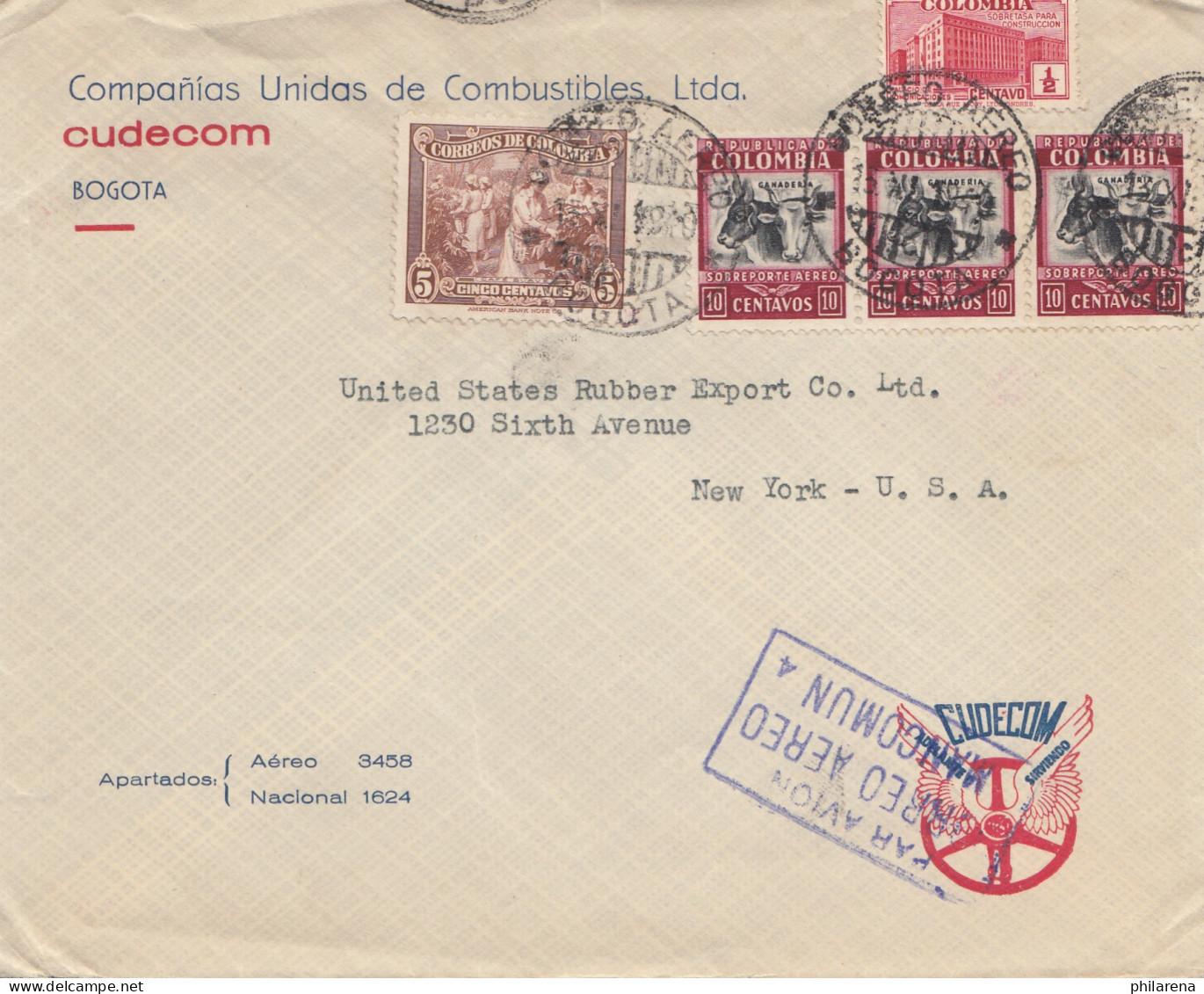 Colombia 1940: Bogota To New York - Air Mail, Royal Pneu - Colombia