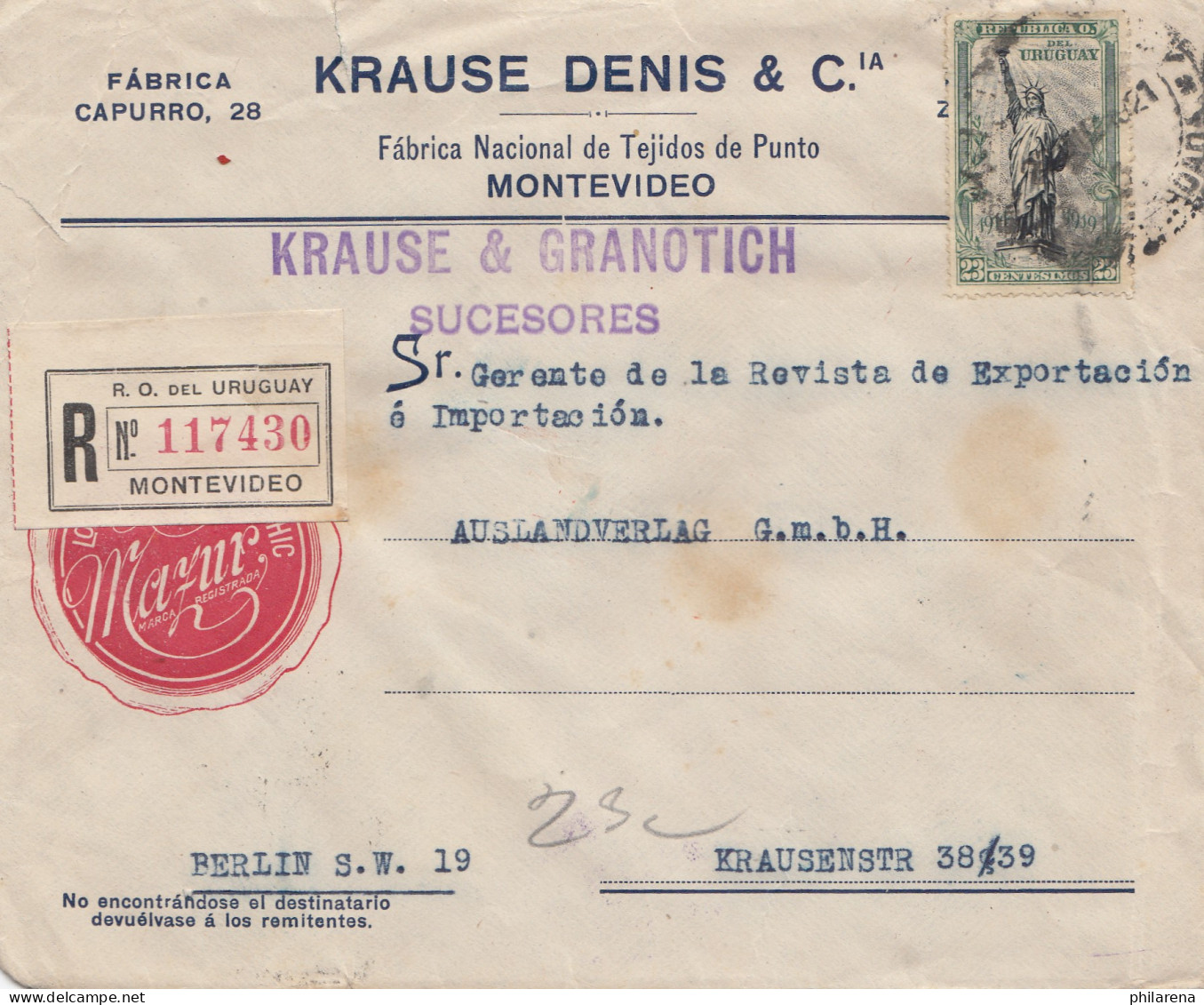 Uruguay 1921: Registered Montevideo Krause & Granotich To Berlin - Uruguay