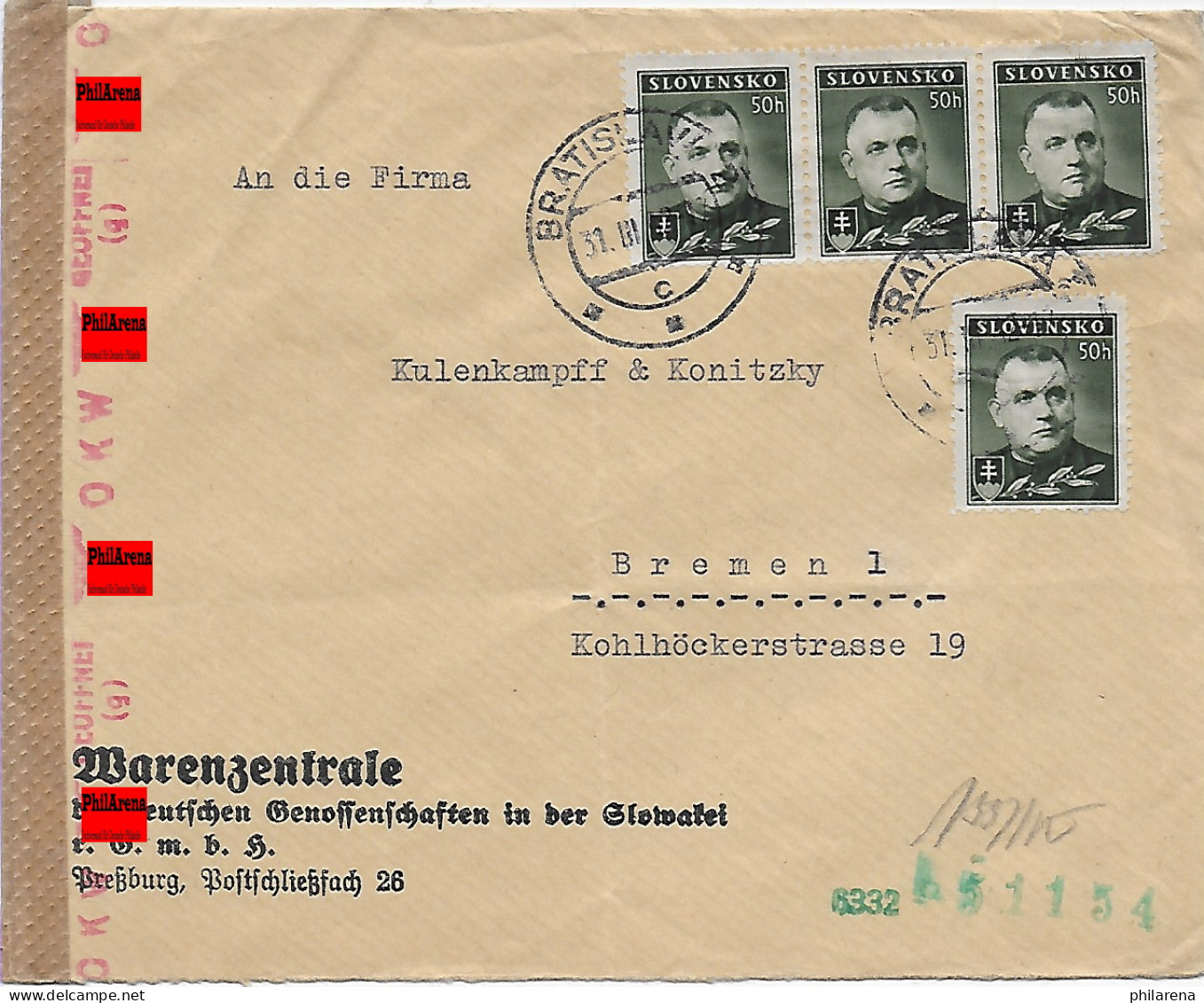 Warenzentrale Preßburg Nach Bremen, Zensur 1942 - Andere & Zonder Classificatie