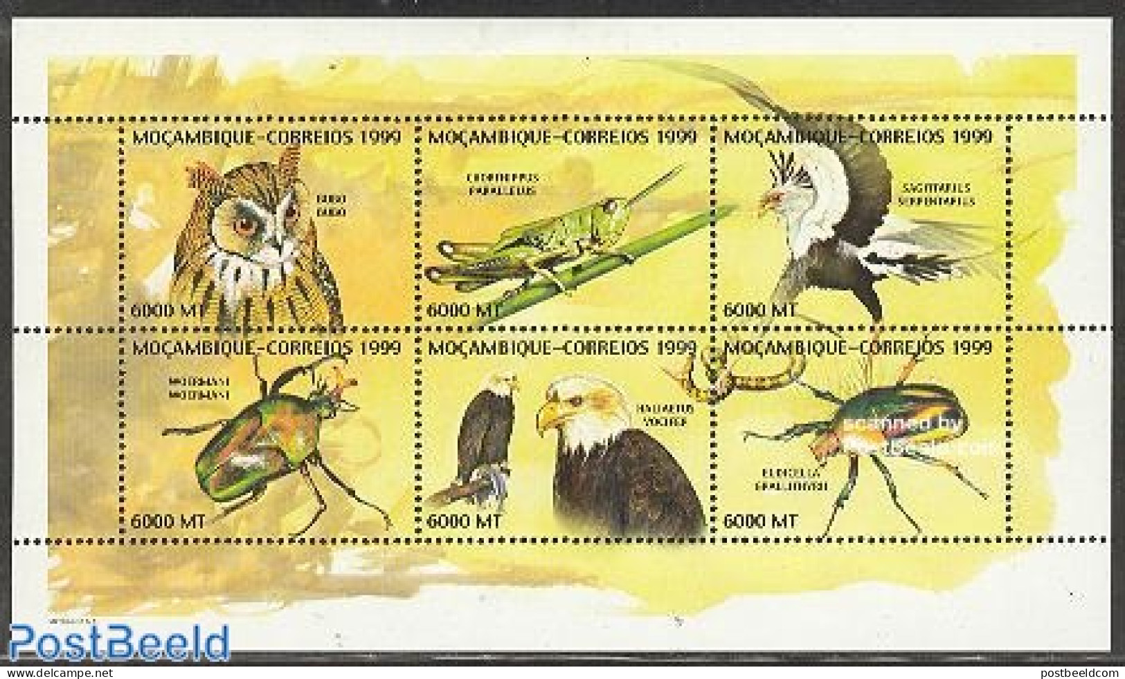 Mozambique 1999 Birds & Insects 6v M/s, Mint NH, Nature - Birds Of Prey - Insects - Owls - Mozambique