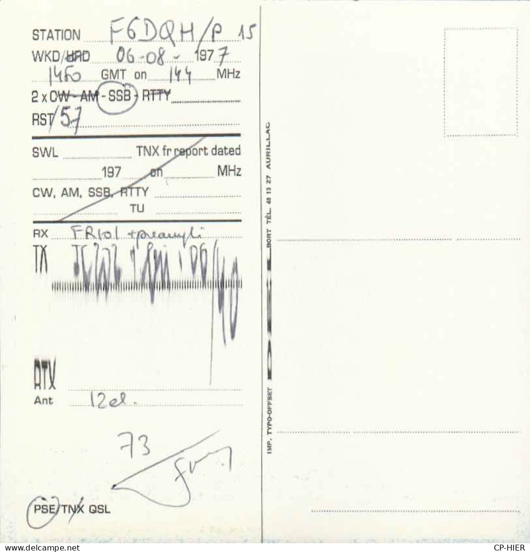 CARTE QSL - RADIO AMATEUR - REF - GERARD FRANÇON A AURILLAC 15 - - Amateurfunk