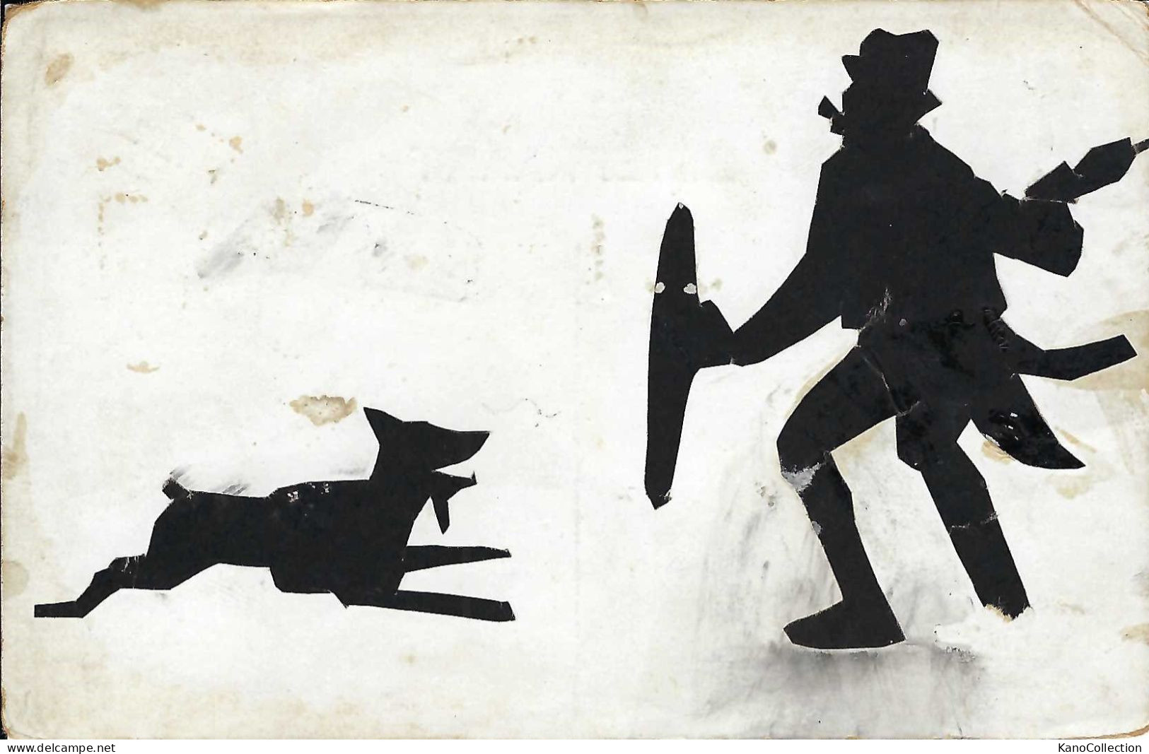 Schattenbildkarte Mann Mit Hut Wehrt Sich Gegen Hund, 1922, Altersspuren, Gelaufen - Scherenschnitt - Silhouette