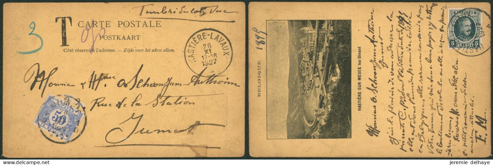 CP Illustrée + N°193 Au Verso Expédié De Hastière-Lavaux (1927) > Jumet, Taxé à 50ctm ! TX38 - Cartas & Documentos