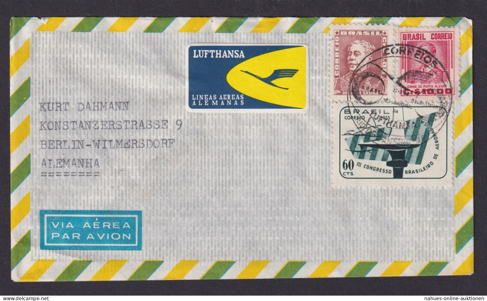 Flugpost Brief Air Mail Lufthansa Brasilien Berlin Wilmersdorf Via Frankfurt Der - Storia Postale