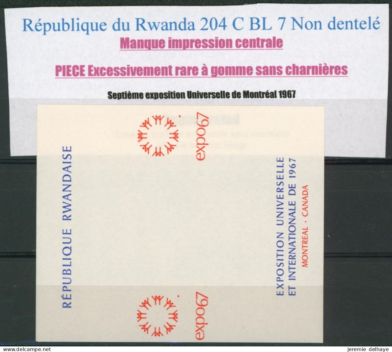 Rwanda (1967) - BL7 Non Dentelé + Curiosité : Manque Impression Centrale ! (Expo 67, Montréal). RR - Unused Stamps