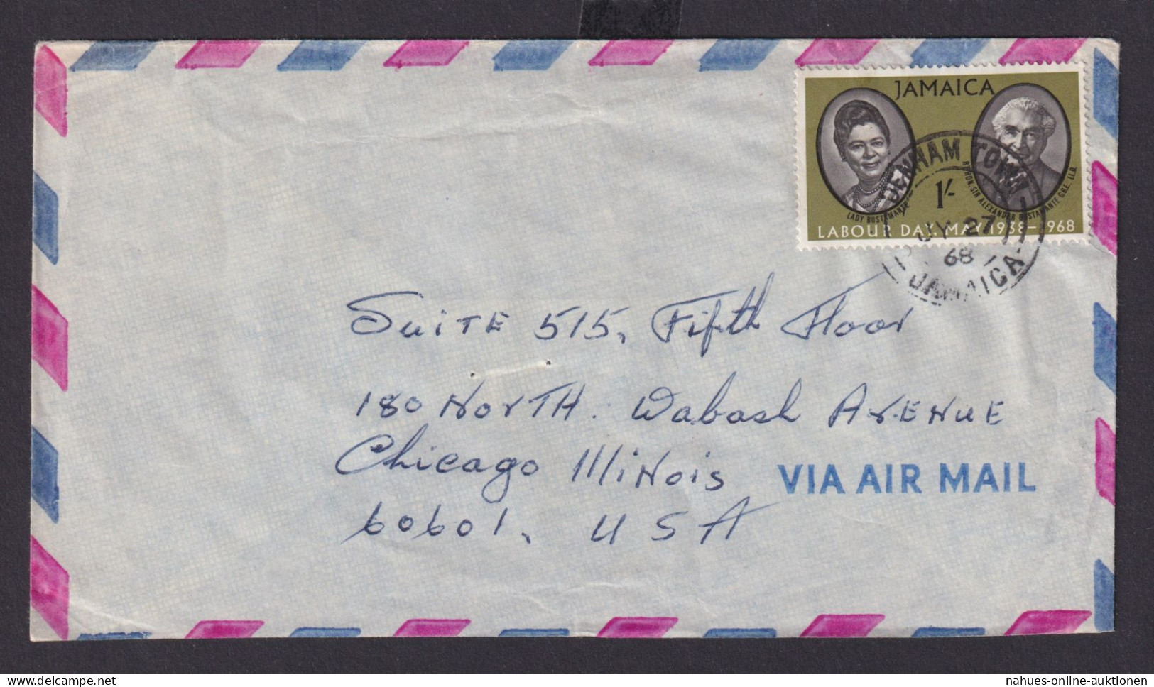 Briefmarken Jamaika Denham Town Nach Chicago Illinois USA EF 1 Sh. Labour Day - Jamaica (1962-...)