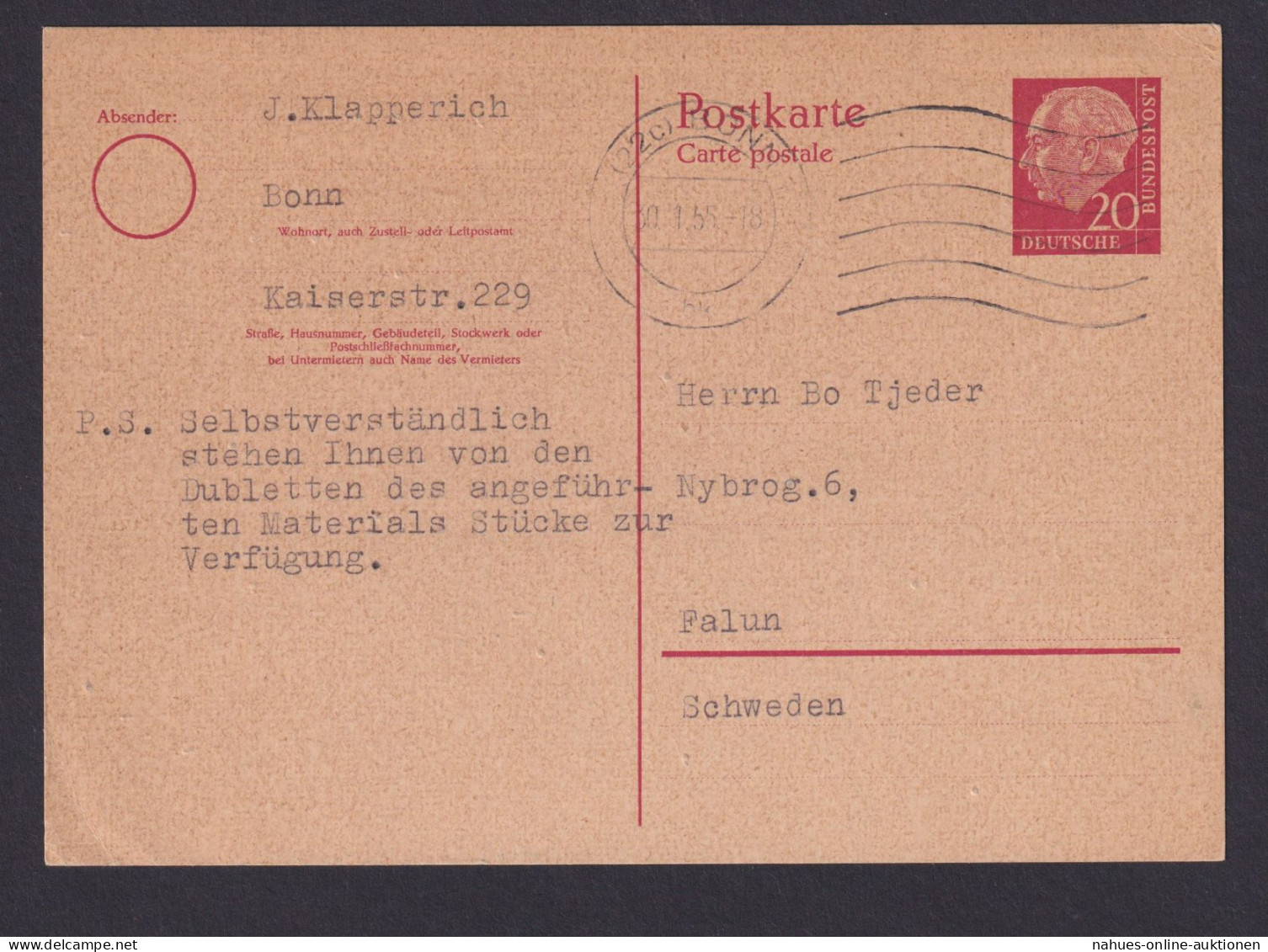 Briefmarken Bund Ganzsache Heuss P 20 Bonn Nach Falun Schweden Kat 60,00 - Postkarten - Gebraucht