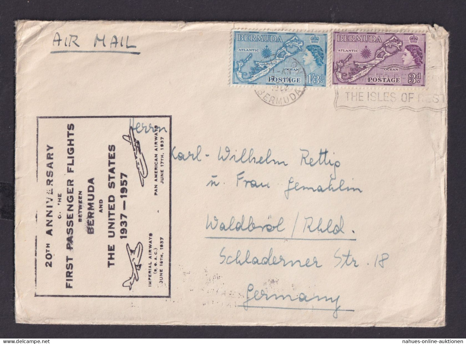 Flugpost Bermuda Queen Elisabeth Brief MIF 3d + 1,3 Shilling Landkarte - Bermuda