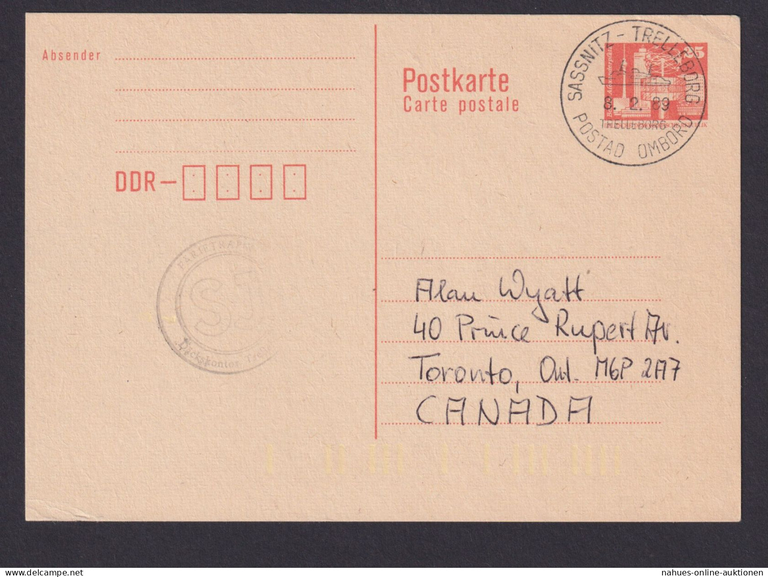 Briefmarken DDR Ganzsache P 87 I Sassnitz Trelleborg Schweden Toronto Kanada - Postkarten - Gebraucht