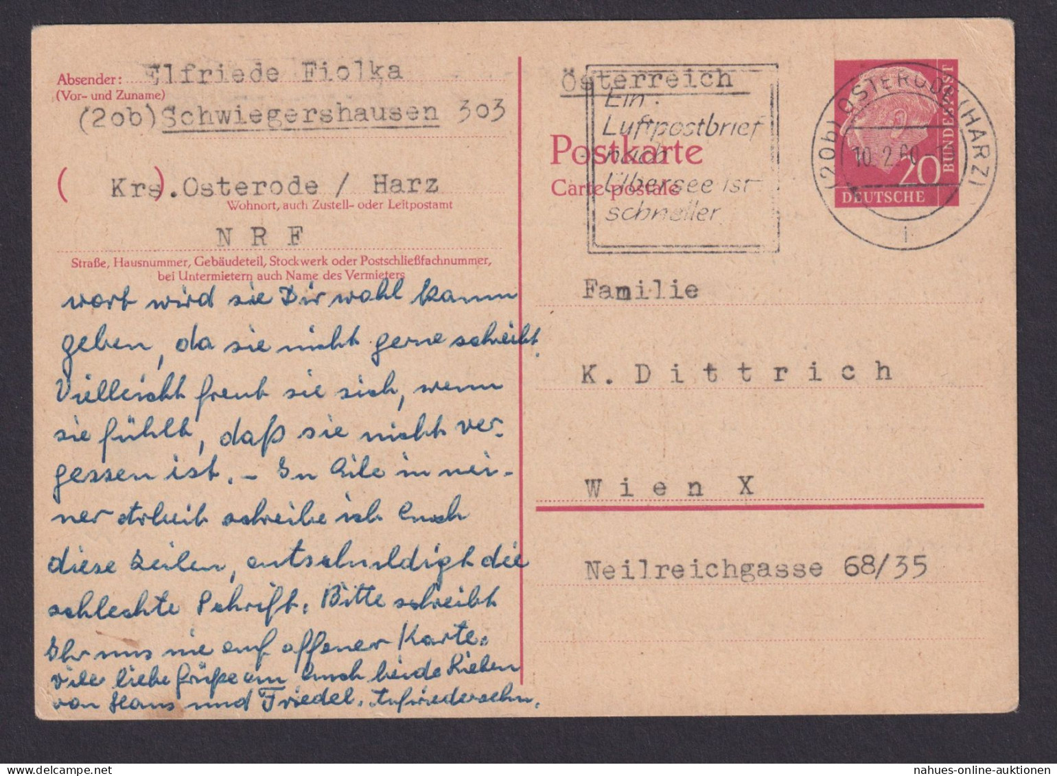 Briefmarken Bund Ganzsache Heuss P 32 Postsache Reklame Osterode Wien Österreich - Postkaarten - Gebruikt
