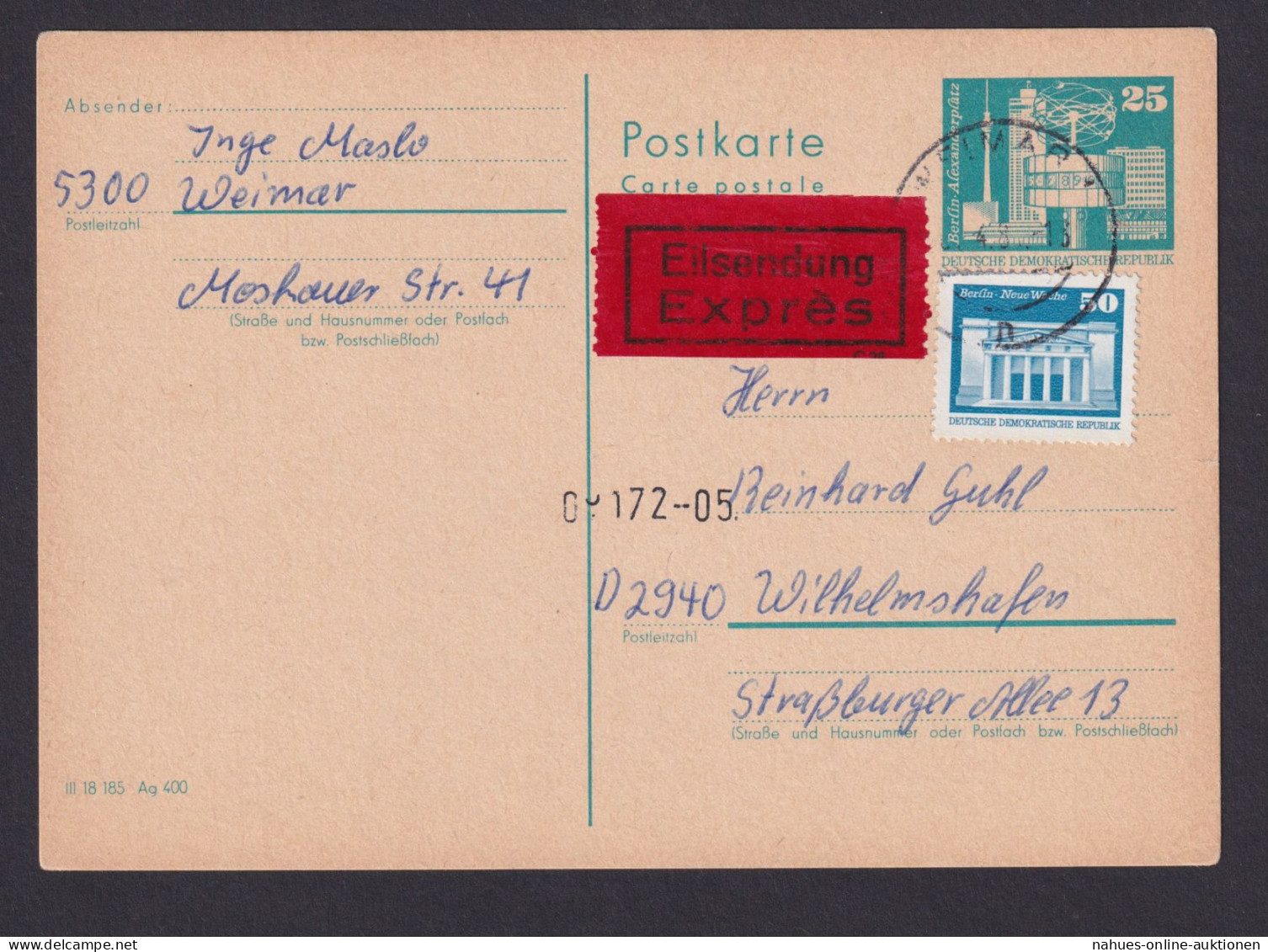 Briefmarken DDR Eilboten Ganzsache Bauwerke P 80 Plus ZuF Weimar Wilhelmshafen - Cartoline - Usati