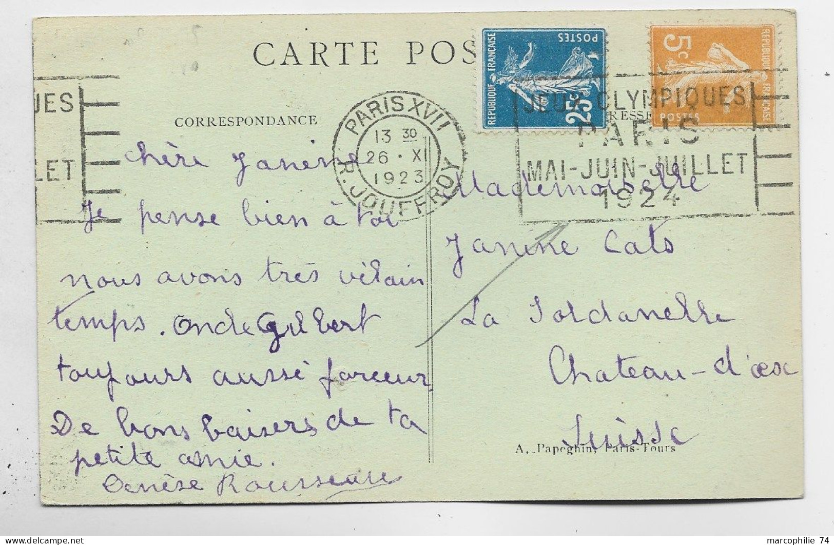 FRANCE SEMEUSE 5C JAUNE +25C CARTE MEC FLIER JEUX OLYMPIQUES PARIS XVII 26.XI.1923 R JOUFFROY POUR SUISSE - Ete 1924: Paris