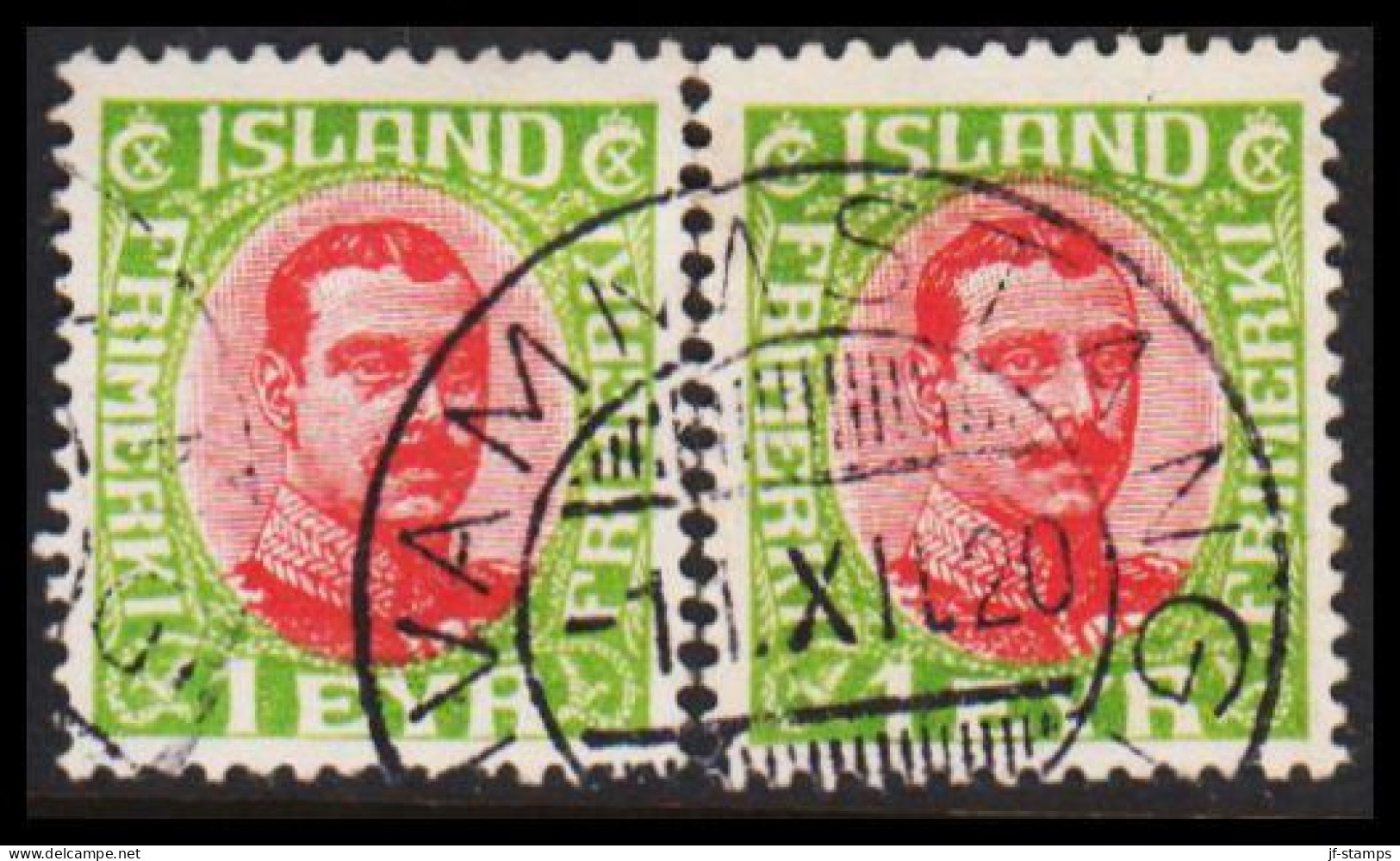 1921. King Christian X. 1 EYR In SPLIT Pair NICE Cancelled HVAMSTANGI 11.XII.20. (Michel 83) - JF543216 - Used Stamps
