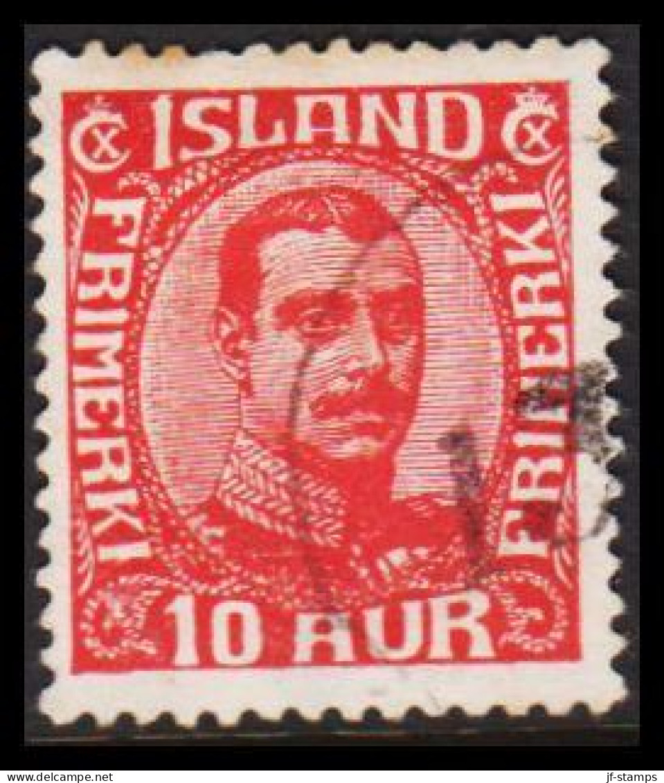  1920. ISLAND. King Christian X. Thin, Broken Lines In Ovl Frame. 10 Aur Red. Part Of Nummeral... (Michel 89) - JF543245 - Gebraucht