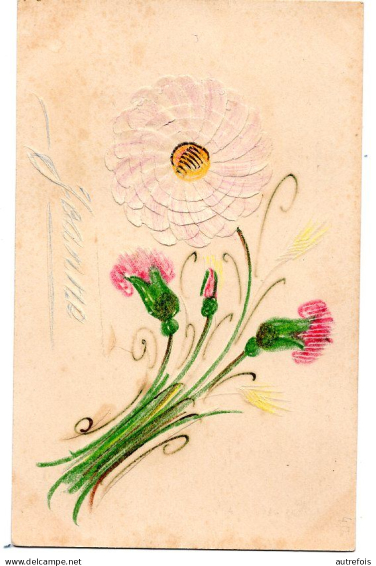 JEANNE  CARTE POSTALE REALISEE AVEC DES COLLAGES  -  AQUARELLE -  DECOUPAGE CONCERNANT LE PRENOM ET LA FLEUR - Arte Popolare