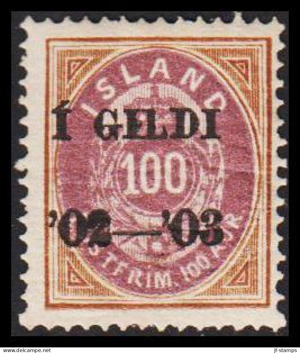 1902. I GILDI. 100 Aur Brown/lilac. Perf. 14x13½. Black Overprint LIGHT HINGED.  (Michel 34A) - JF543272 - Gebruikt