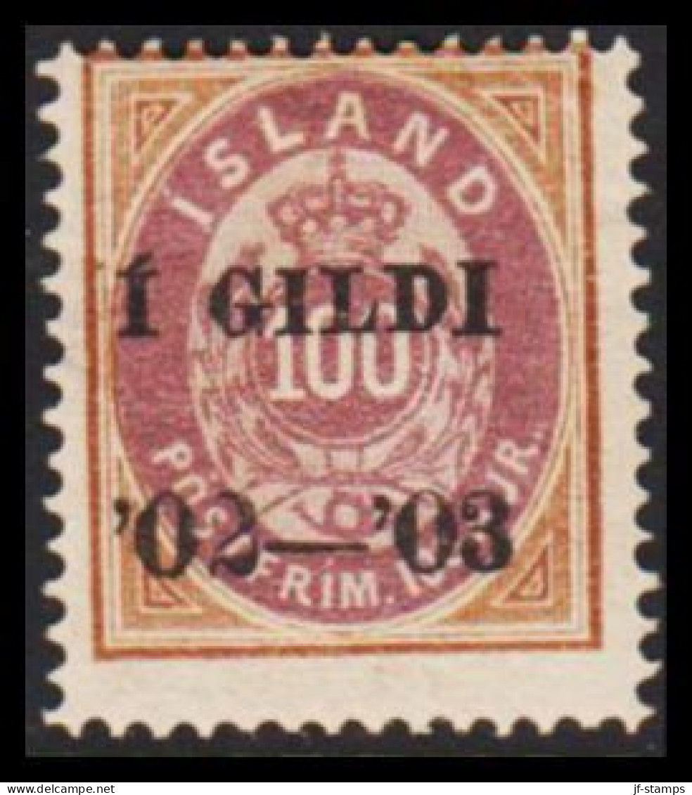 1902. I GILDI. 100 Aur Brown/lilac. Perf. 14x13½. Black Overprint HINGED. Variety In The Over... (Michel 34A) - JF543273 - Used Stamps