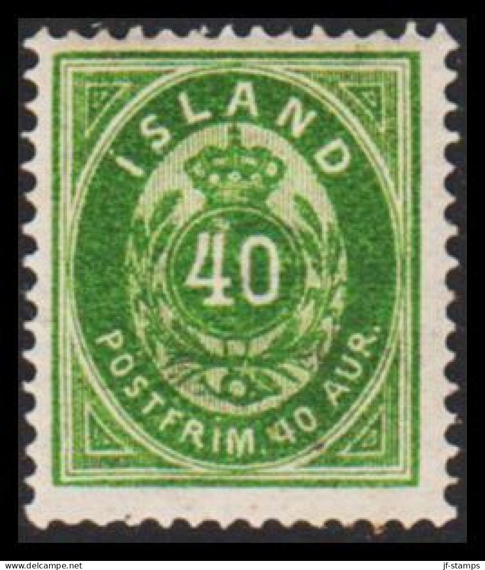 1876. ISLAND. Aur-Issue. 40 Aur Green. Perf. 14x13½. Unusual Stamp. Variety Over 4 And Very L... (Michel 11A) - JF543274 - Unused Stamps